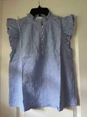 H & M Striped Ruffle Sleeve Linen Blend Top - Light Blue & White